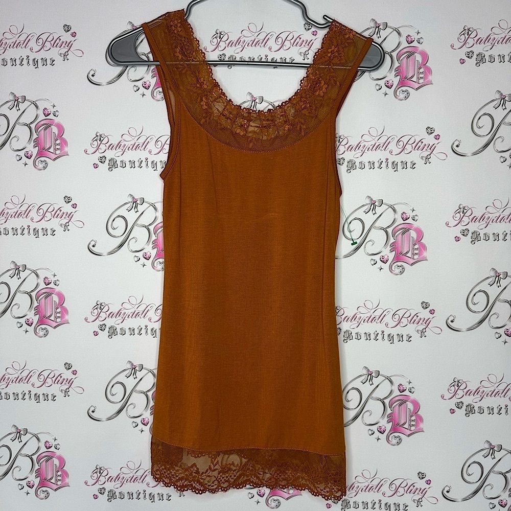 Cream tank top rust orange brown lace bottom and neckline stretchy brand new NWT
